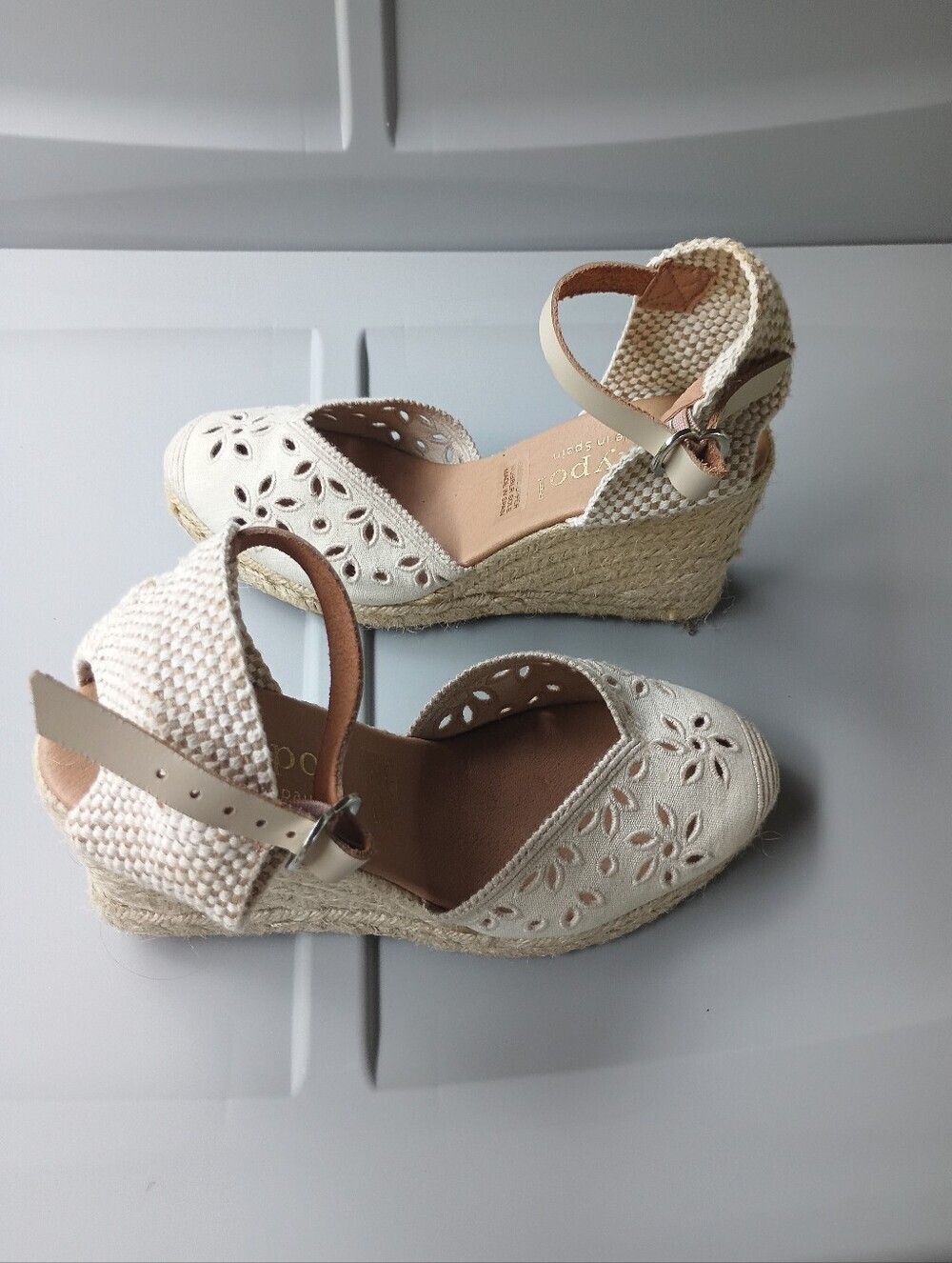 Cream-colored Maypol Beige Eyelet Canvas Espadrille Wedge Sandals Made in Spain - Picture 9 of 16